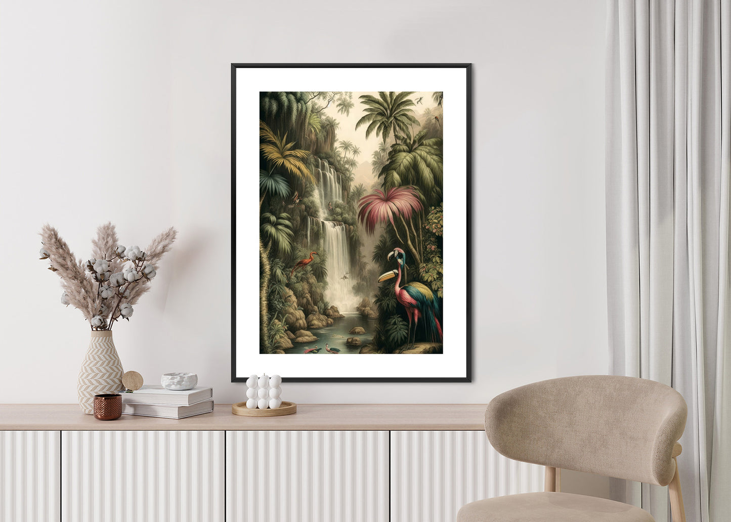 Poster Dschungelpalmen Und Tropische Tiere Rahmen Holz Mit Passepartout Farbe Natürlich