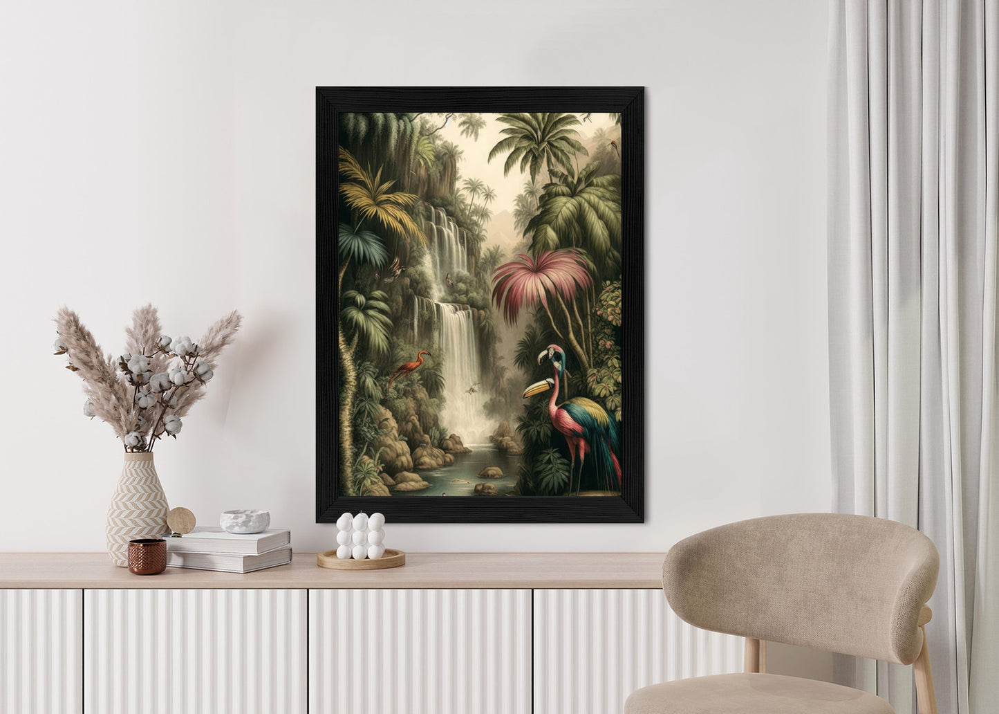 Poster Dschungelpalmen Und Tropische Tiere Rahmen Holz Mit Passepartout Farbe Natürlich