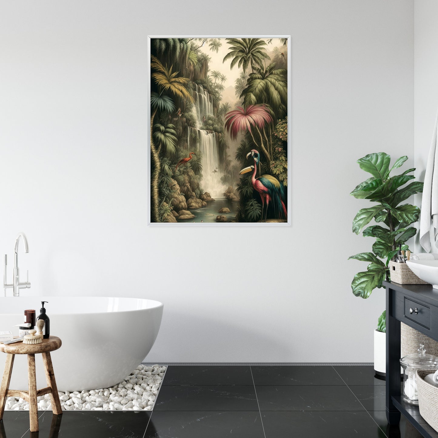 Poster Dschungelpalmen Und Tropische Tiere Rahmen Holz Mit Passepartout Farbe Natürlich