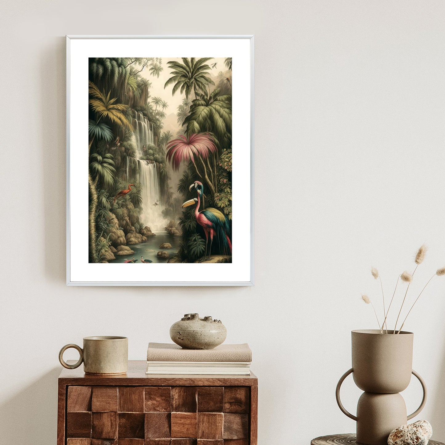 Poster Dschungelpalmen Und Tropische Tiere Rahmen Holz Mit Passepartout Farbe Natürlich