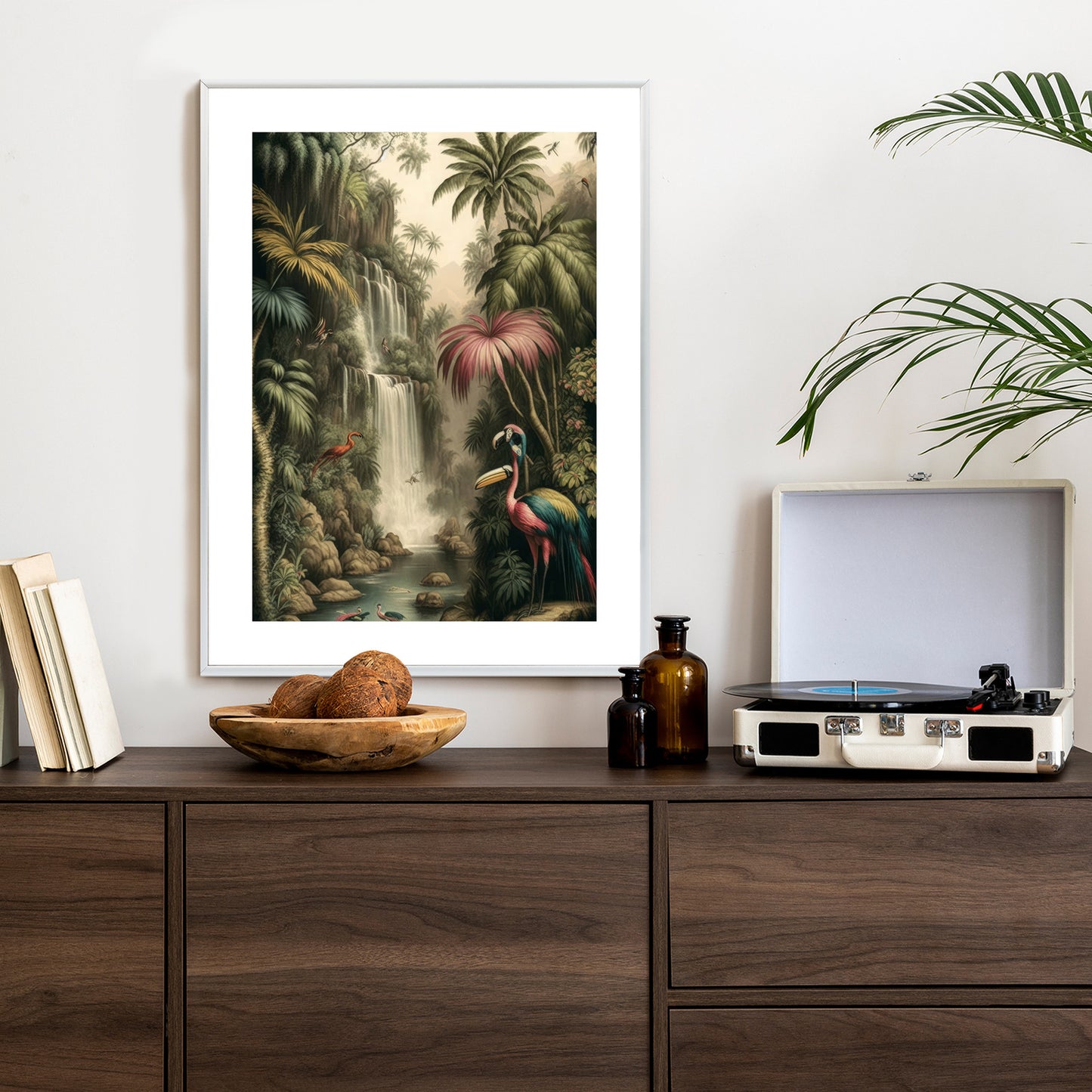Poster Dschungelpalmen Und Tropische Tiere Rahmen Holz Mit Passepartout Farbe Natürlich