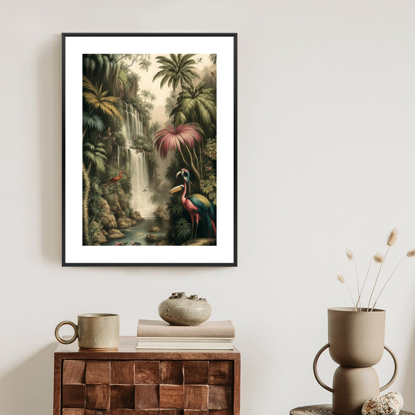 Poster Dschungelpalmen Und Tropische Tiere Rahmen Holz Mit Passepartout Farbe Natürlich