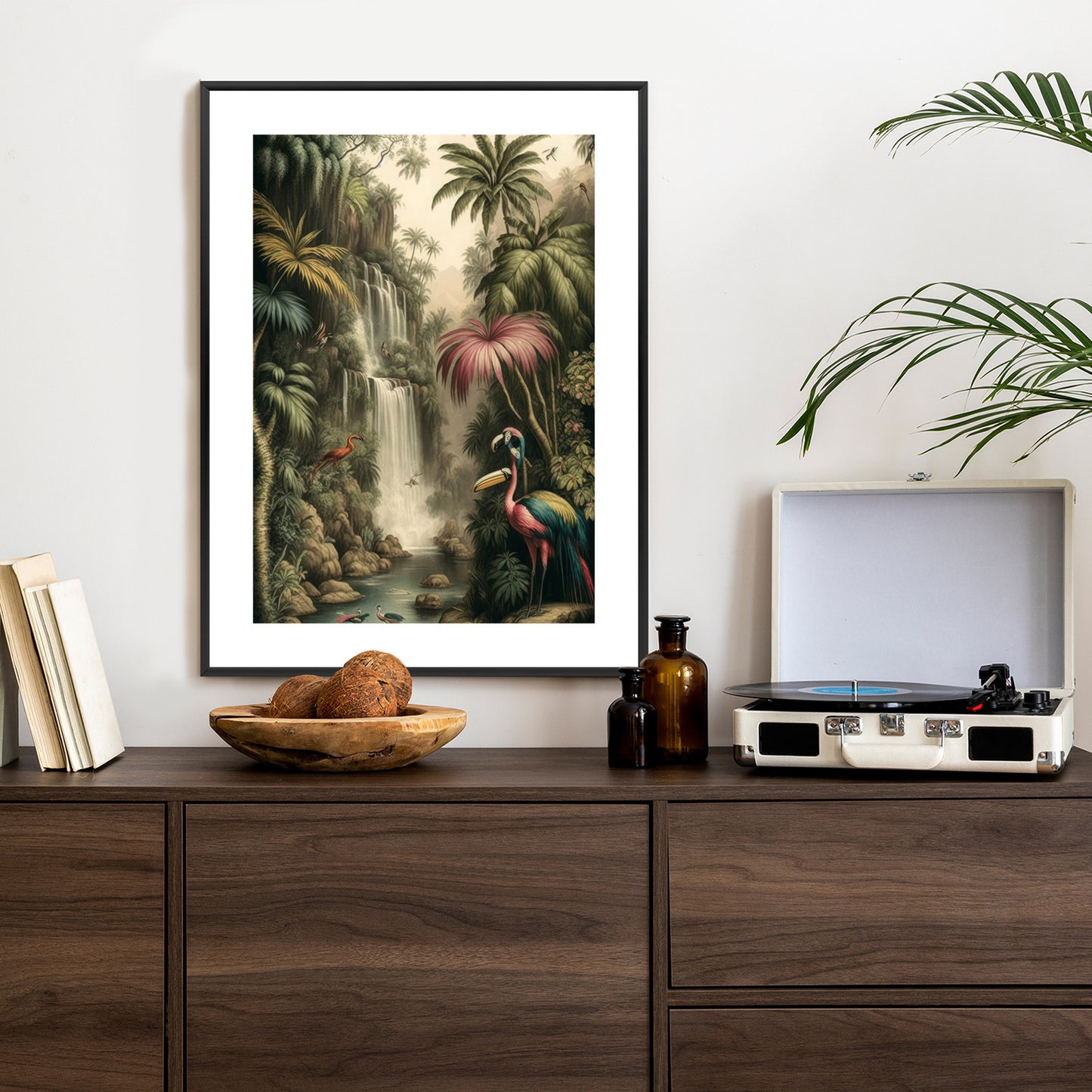 Poster Dschungelpalmen Und Tropische Tiere Rahmen Holz Mit Passepartout Farbe Natürlich