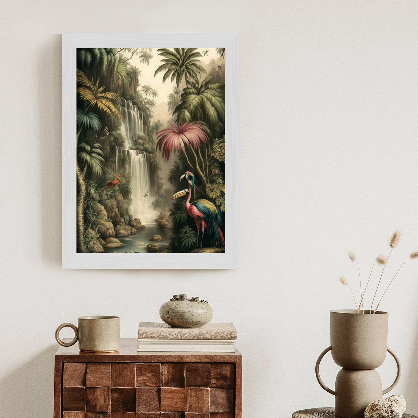 Poster Dschungelpalmen Und Tropische Tiere Rahmen Holz Mit Passepartout Farbe Natürlich