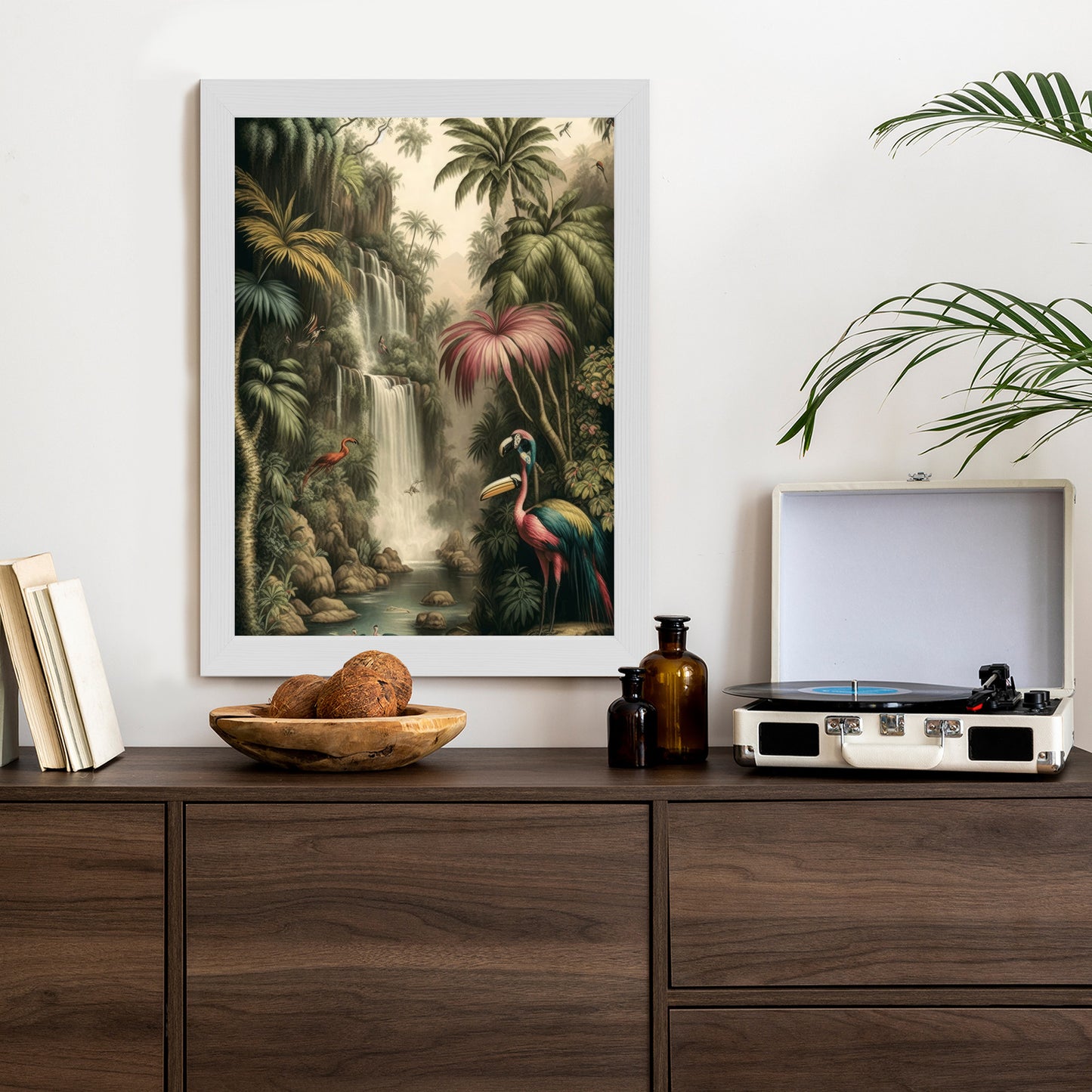 Poster Dschungelpalmen Und Tropische Tiere Rahmen Holz Mit Passepartout Farbe Natürlich