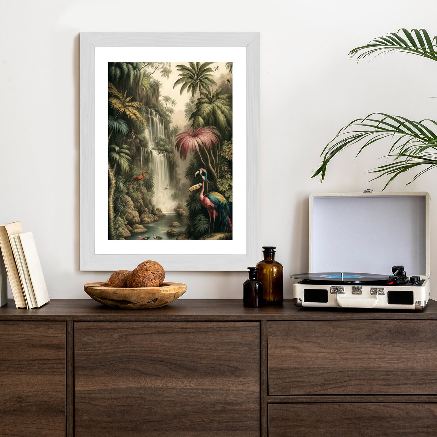 Poster Dschungelpalmen Und Tropische Tiere Rahmen Holz Mit Passepartout Farbe Natürlich