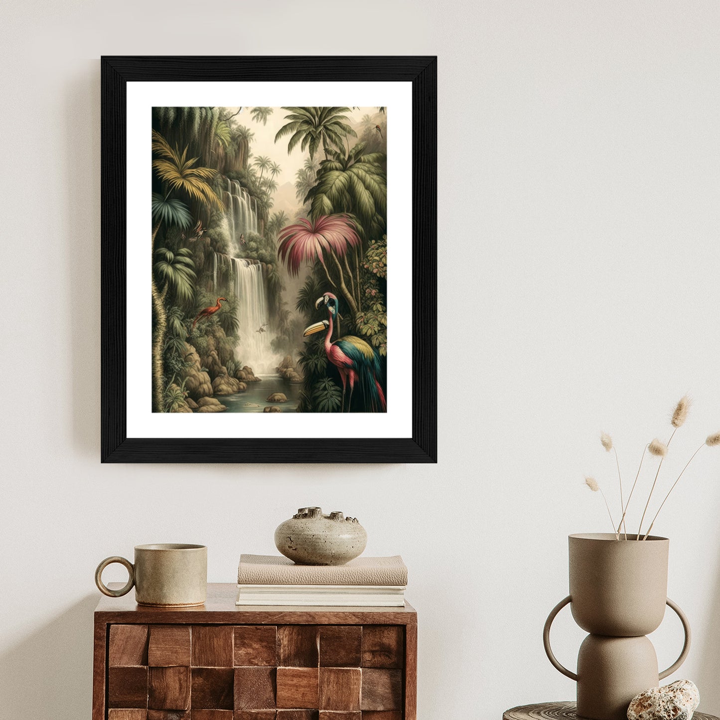 Poster Dschungelpalmen Und Tropische Tiere Rahmen Holz Mit Passepartout Farbe Natürlich