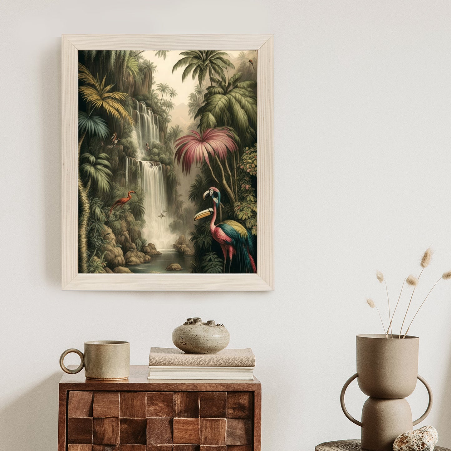 Poster Dschungelpalmen Und Tropische Tiere Rahmen Holz Mit Passepartout Farbe Natürlich