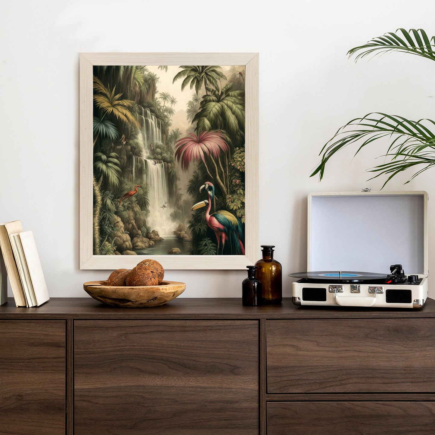 Poster Dschungelpalmen Und Tropische Tiere Rahmen Holz Mit Passepartout Farbe Natürlich