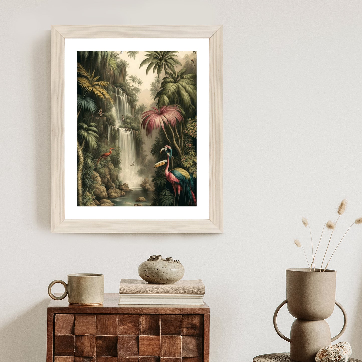 Poster Dschungelpalmen Und Tropische Tiere Rahmen Holz Mit Passepartout Farbe Natürlich