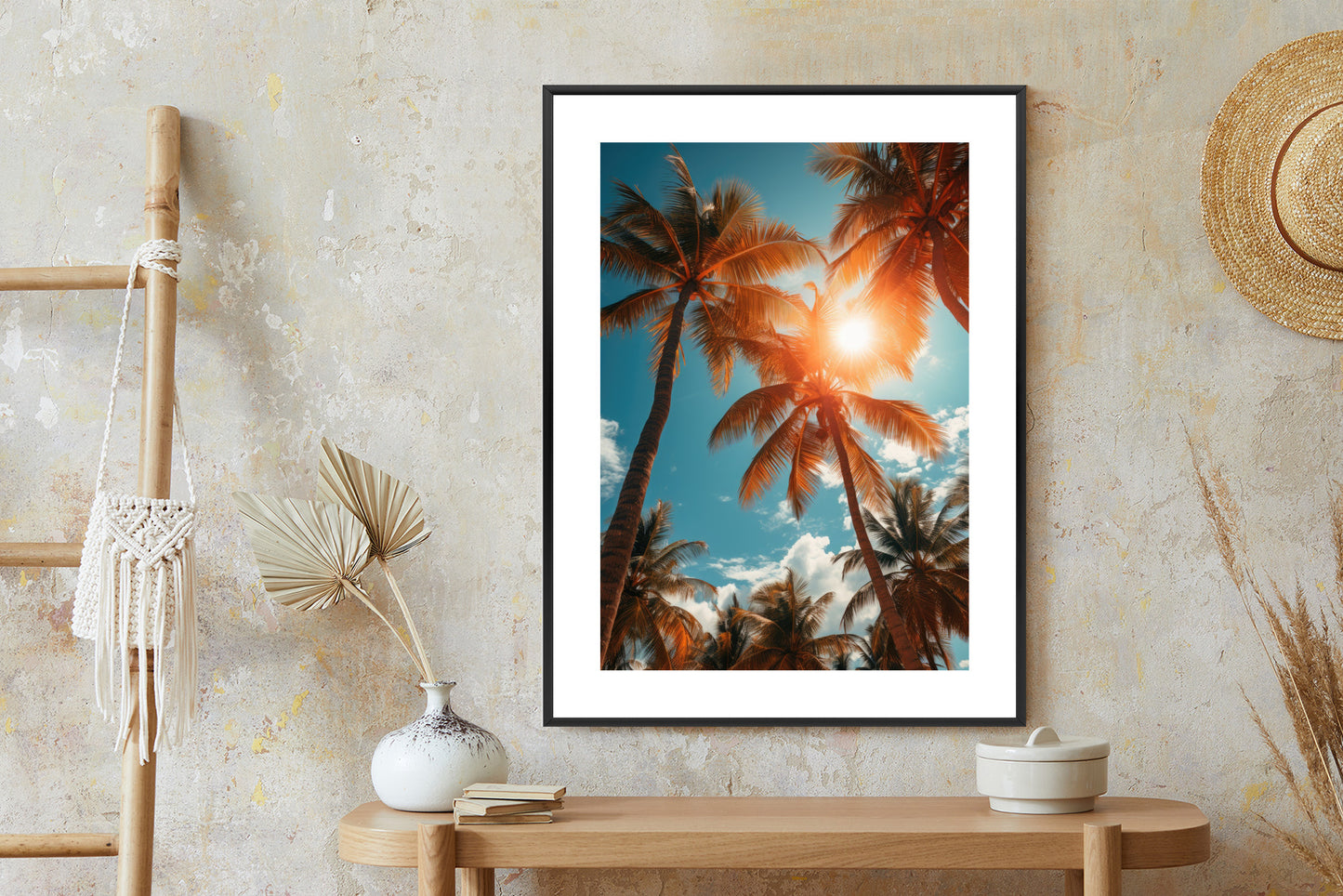Poster Die Sonne Scheint Durch Hohe Palmen Rahmen Holz Mit Passepartout Farbe Natürlich