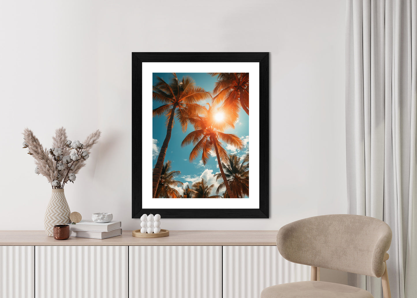 Poster Die Sonne Scheint Durch Hohe Palmen Rahmen Holz Mit Passepartout Farbe Natürlich