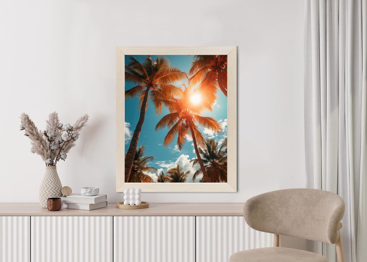 Poster Die Sonne Scheint Durch Hohe Palmen Rahmen Holz Mit Passepartout Farbe Natürlich
