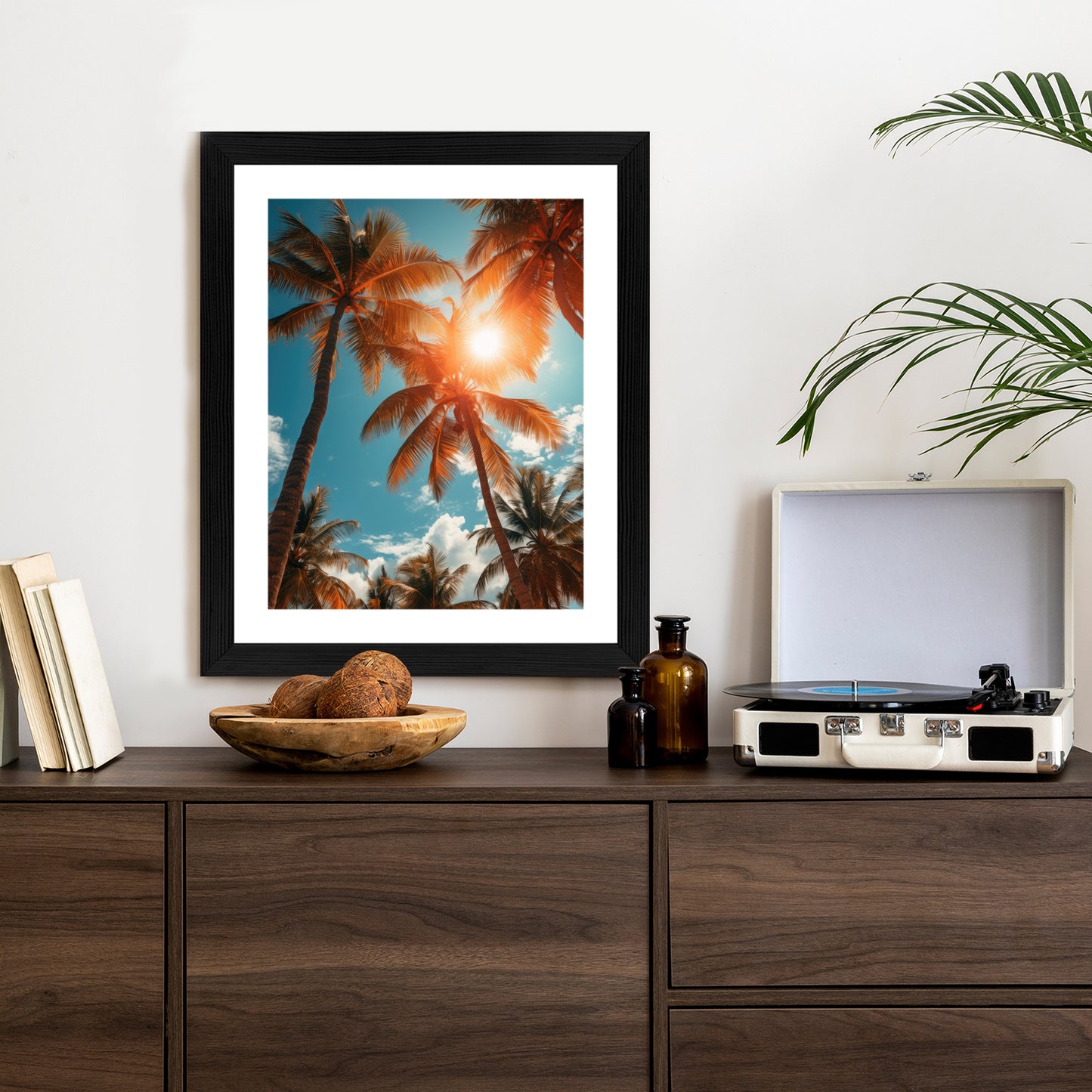 Poster Die Sonne Scheint Durch Hohe Palmen Rahmen Holz Mit Passepartout Farbe Natürlich