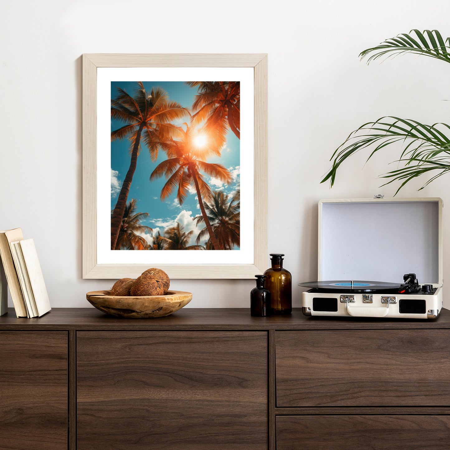 Poster Die Sonne Scheint Durch Hohe Palmen Rahmen Holz Mit Passepartout Farbe Natürlich