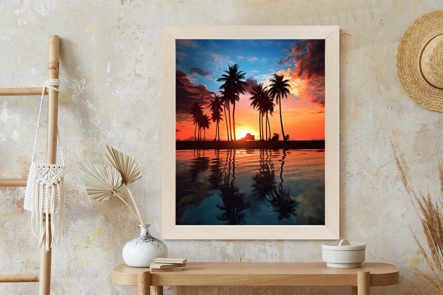 Poster Das Meer Und Die Palmen In Orange Und Marineblau