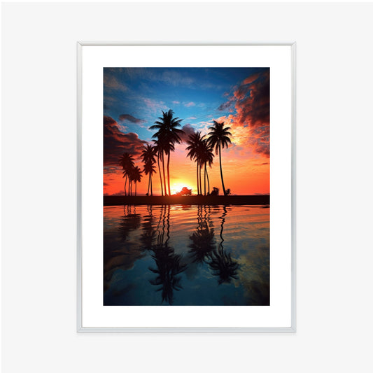 Poster Das Meer Und Die Palmen In Orange Und Marineblau