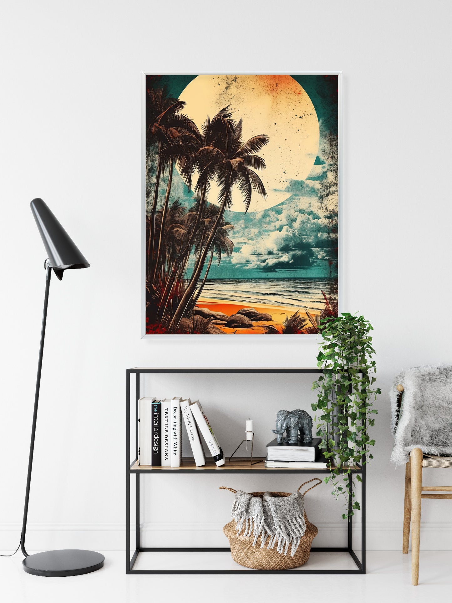 Poster Tropischer Strand Mit Sonne Und Vintage-Palmen Rahmen Holz Mit Passepartout Farbe Natürlich