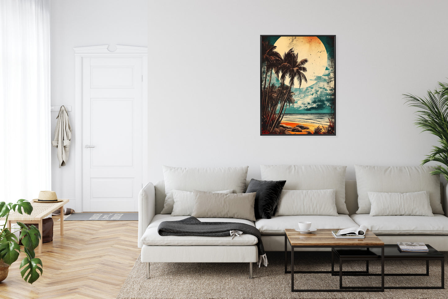 Poster Tropischer Strand Mit Sonne Und Vintage-Palmen Rahmen Holz Mit Passepartout Farbe Natürlich