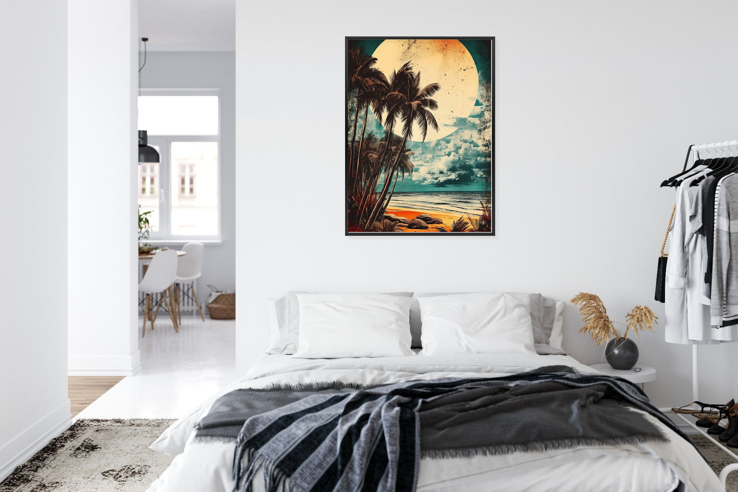 Poster Tropischer Strand Mit Sonne Und Vintage-Palmen Rahmen Holz Mit Passepartout Farbe Natürlich