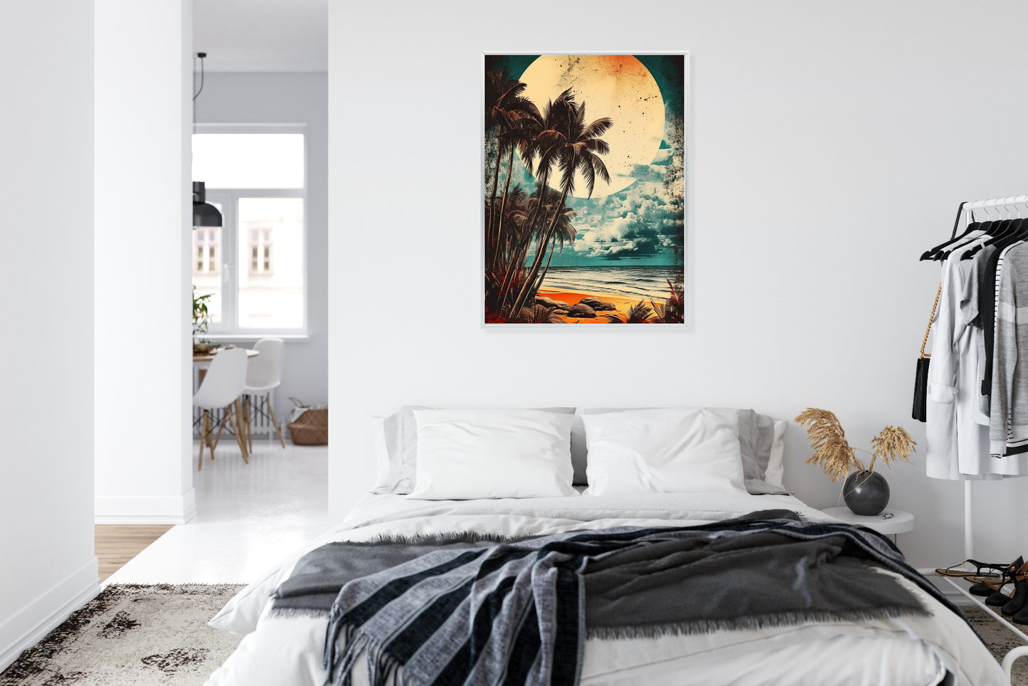 Poster Tropischer Strand Mit Sonne Und Vintage-Palmen Rahmen Holz Mit Passepartout Farbe Natürlich