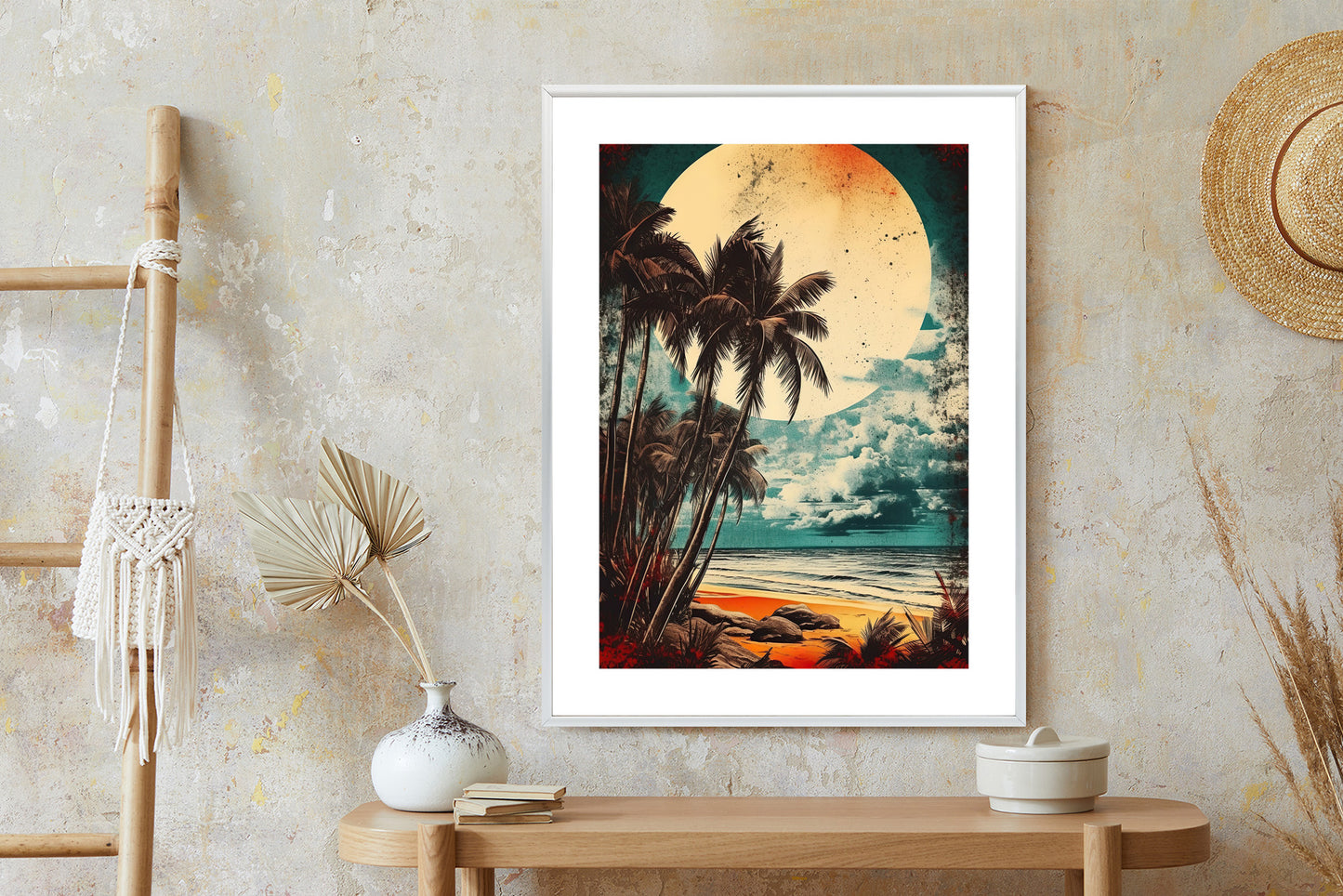 Poster Tropischer Strand Mit Sonne Und Vintage-Palmen Rahmen Holz Mit Passepartout Farbe Natürlich