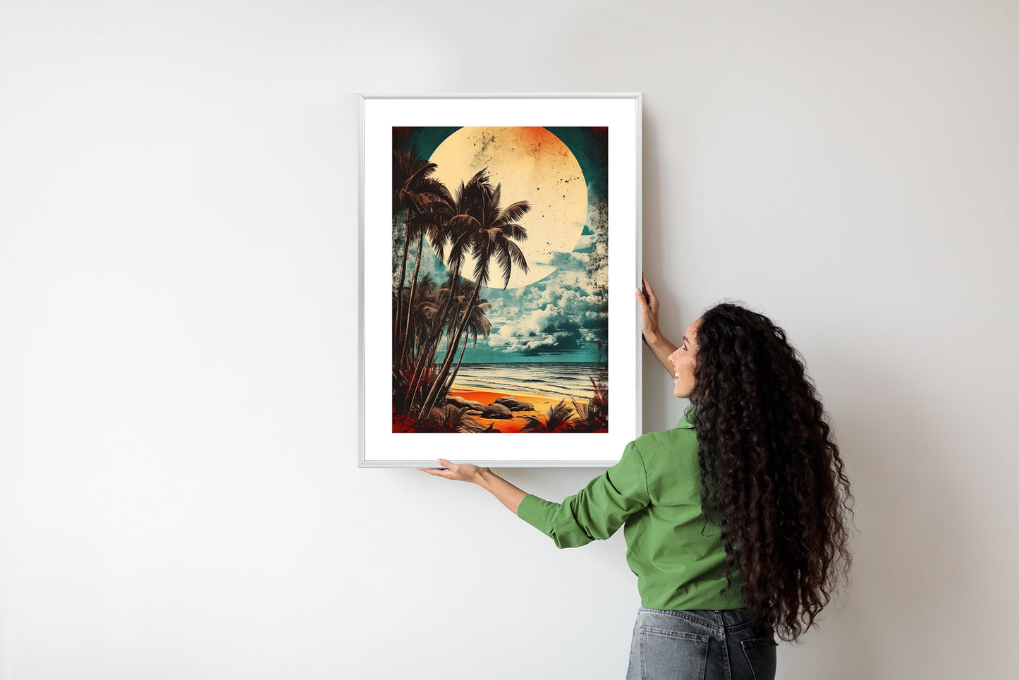 Poster Tropischer Strand Mit Sonne Und Vintage-Palmen Rahmen Holz Mit Passepartout Farbe Natürlich