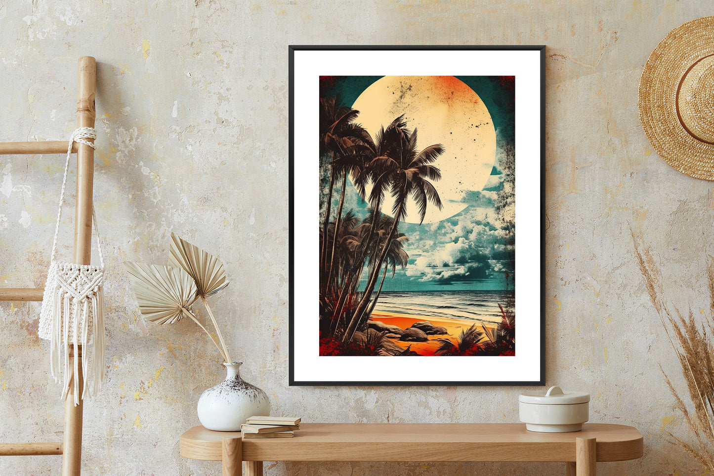 Poster Tropischer Strand Mit Sonne Und Vintage-Palmen Rahmen Holz Mit Passepartout Farbe Natürlich