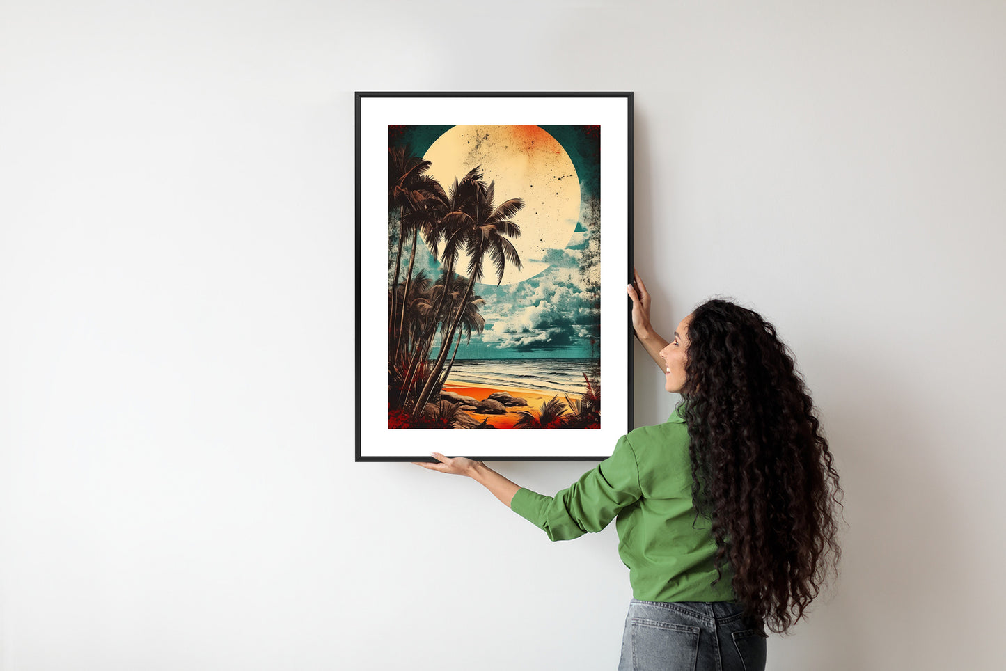 Poster Tropischer Strand Mit Sonne Und Vintage-Palmen Rahmen Holz Mit Passepartout Farbe Natürlich