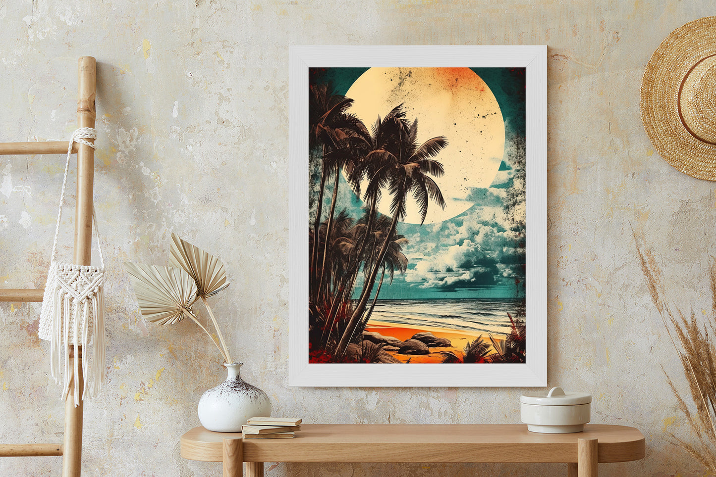Poster Tropischer Strand Mit Sonne Und Vintage-Palmen Rahmen Holz Mit Passepartout Farbe Natürlich