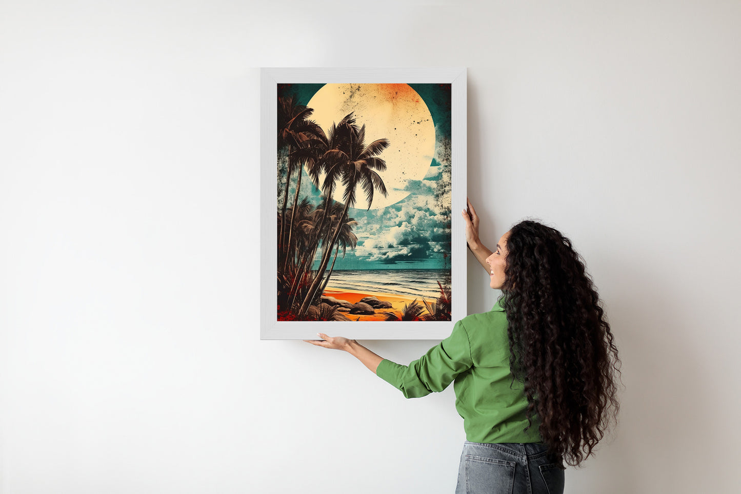 Poster Tropischer Strand Mit Sonne Und Vintage-Palmen Rahmen Holz Mit Passepartout Farbe Natürlich
