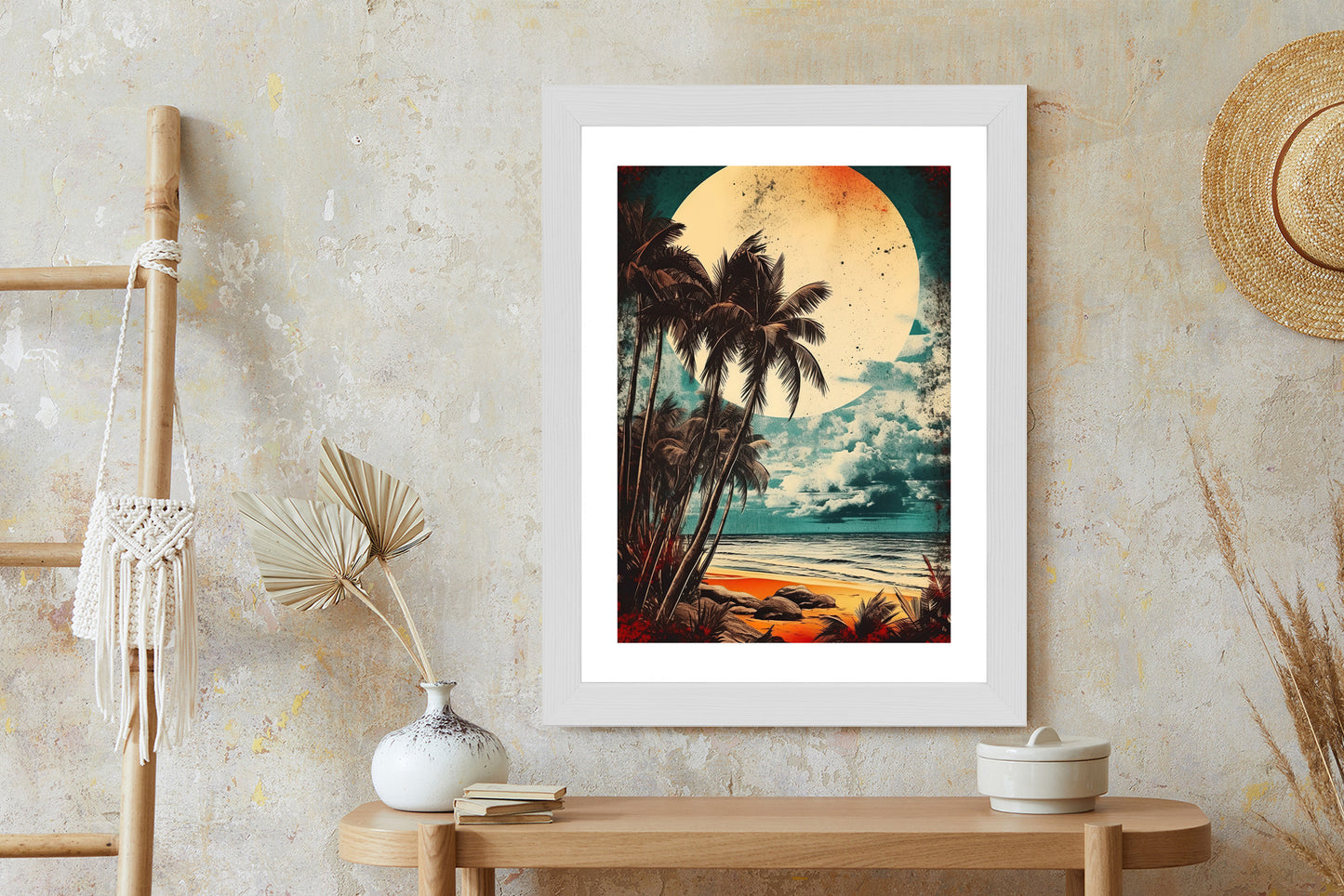 Poster Tropischer Strand Mit Sonne Und Vintage-Palmen Rahmen Holz Mit Passepartout Farbe Natürlich