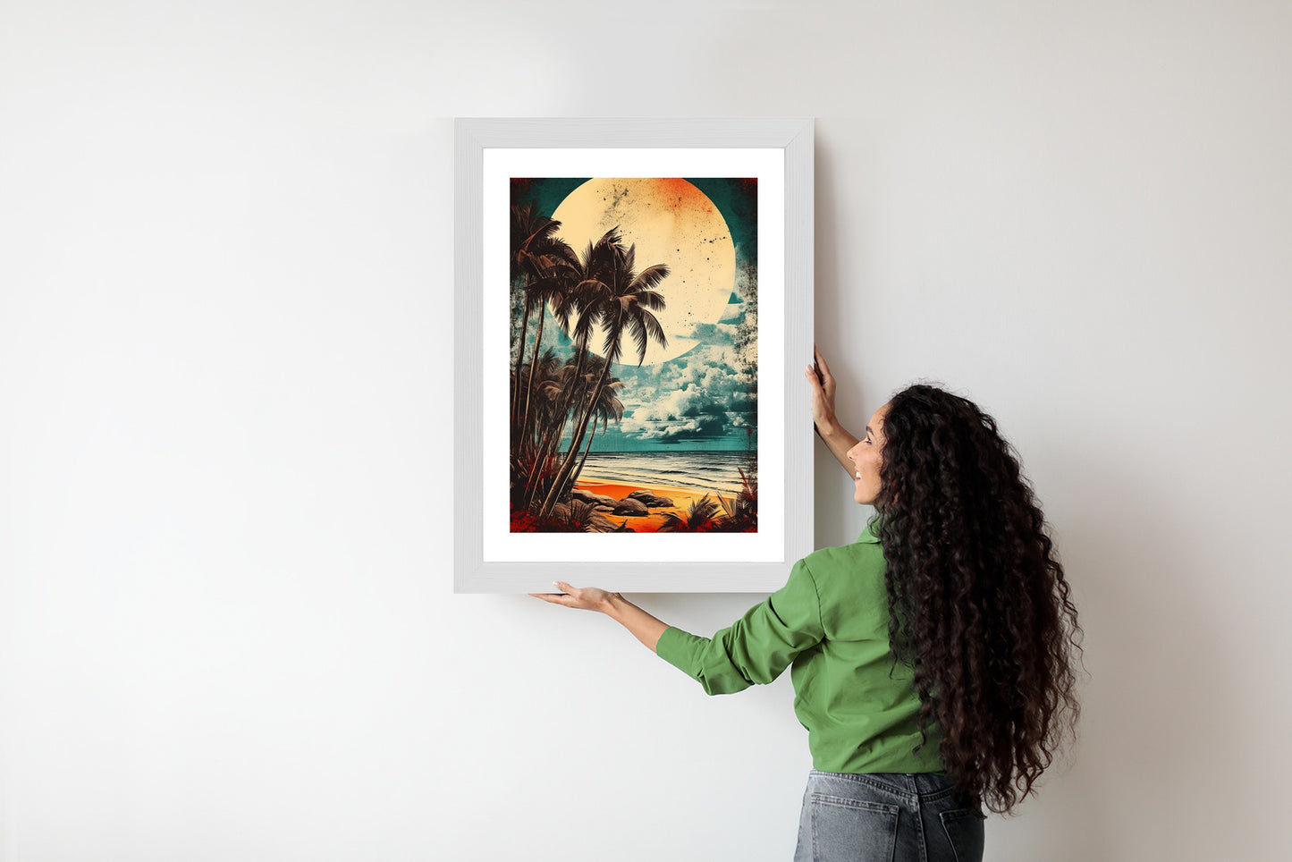 Poster Tropischer Strand Mit Sonne Und Vintage-Palmen Rahmen Holz Mit Passepartout Farbe Natürlich
