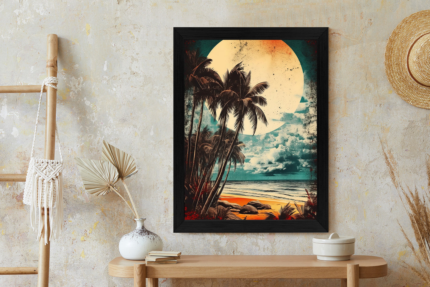 Poster Tropischer Strand Mit Sonne Und Vintage-Palmen Rahmen Holz Mit Passepartout Farbe Natürlich