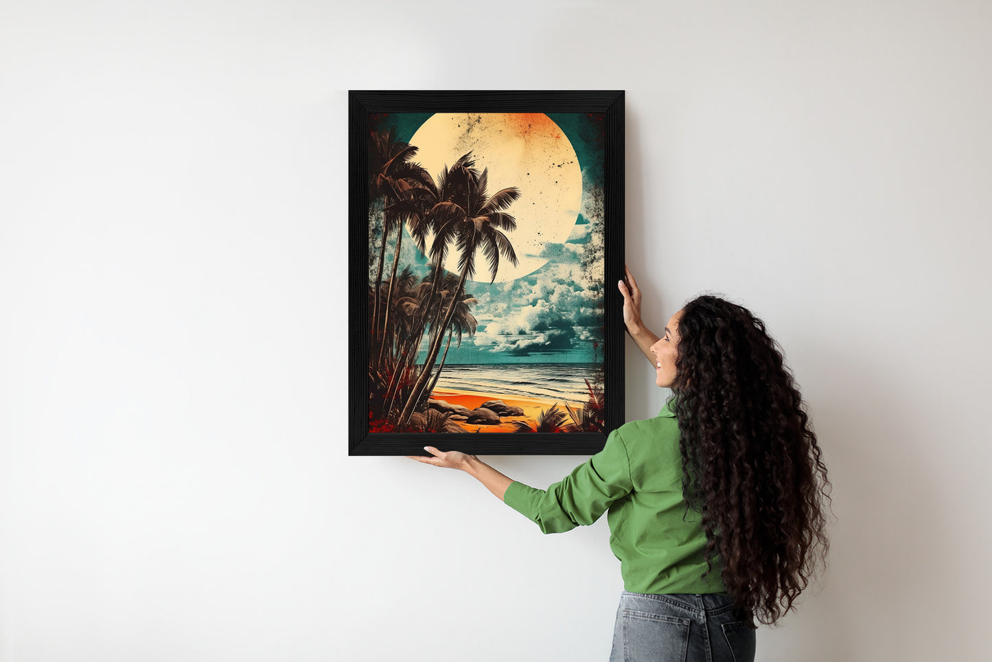 Poster Tropischer Strand Mit Sonne Und Vintage-Palmen Rahmen Holz Mit Passepartout Farbe Natürlich
