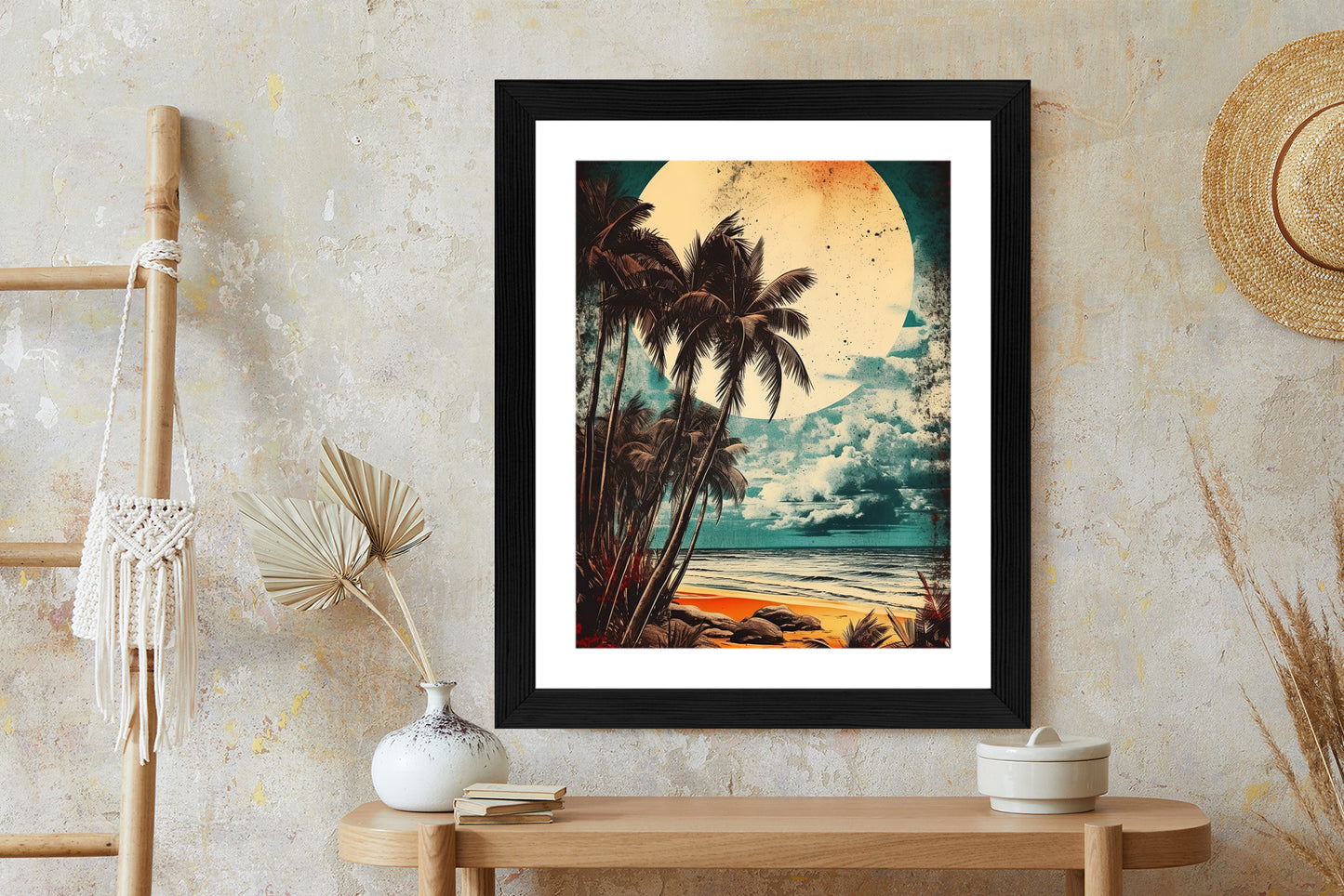 Poster Tropischer Strand Mit Sonne Und Vintage-Palmen Rahmen Holz Mit Passepartout Farbe Natürlich