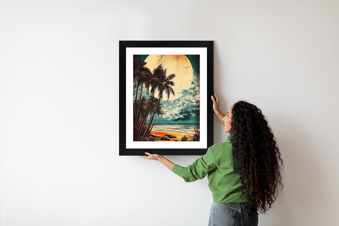 Poster Tropischer Strand Mit Sonne Und Vintage-Palmen Rahmen Holz Mit Passepartout Farbe Natürlich