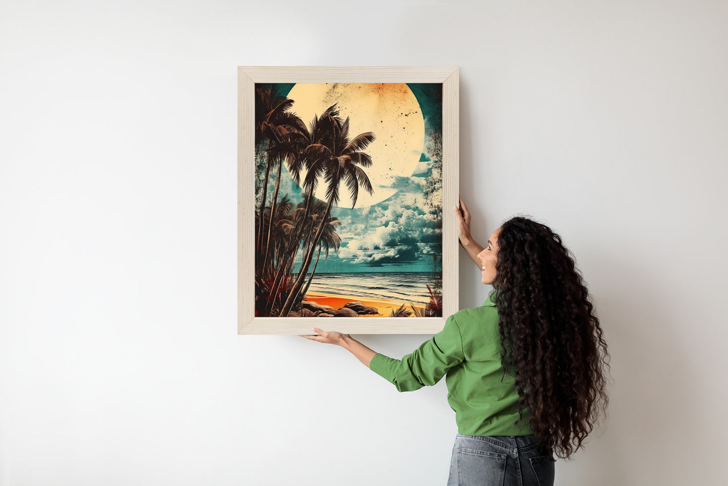 Poster Tropischer Strand Mit Sonne Und Vintage-Palmen Rahmen Holz Mit Passepartout Farbe Natürlich