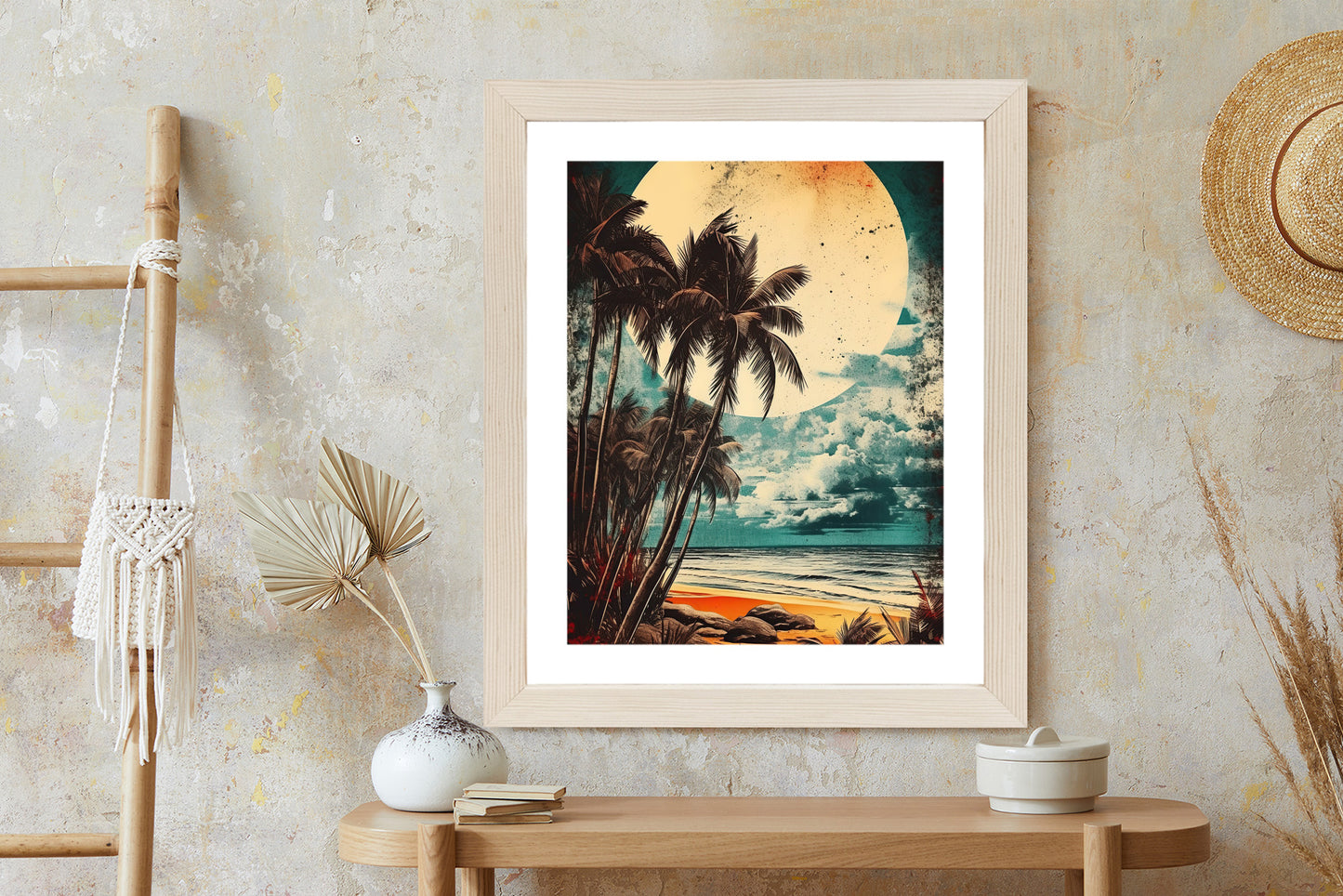 Poster Tropischer Strand Mit Sonne Und Vintage-Palmen Rahmen Holz Mit Passepartout Farbe Natürlich