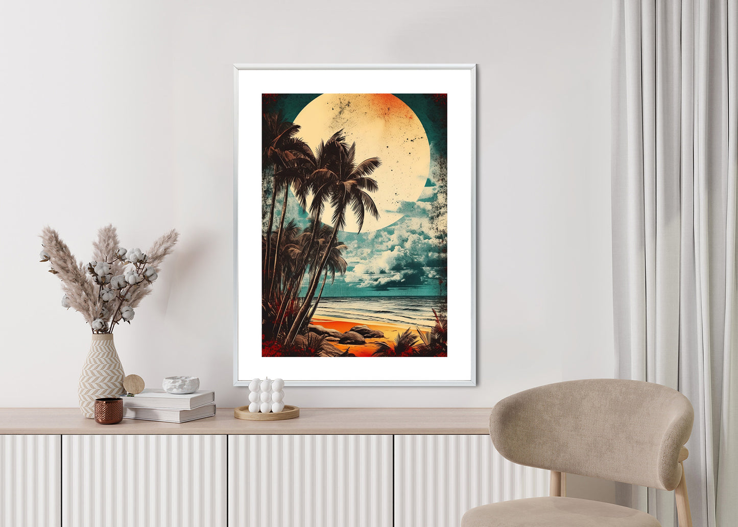 Poster Tropischer Strand Mit Sonne Und Vintage-Palmen Rahmen Holz Mit Passepartout Farbe Natürlich