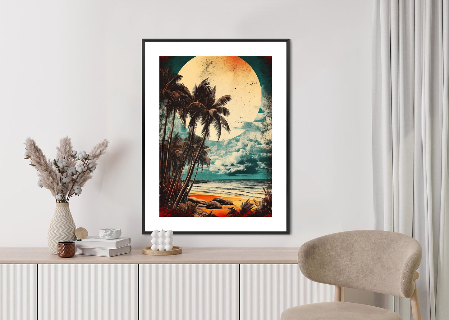 Poster Tropischer Strand Mit Sonne Und Vintage-Palmen Rahmen Holz Mit Passepartout Farbe Natürlich