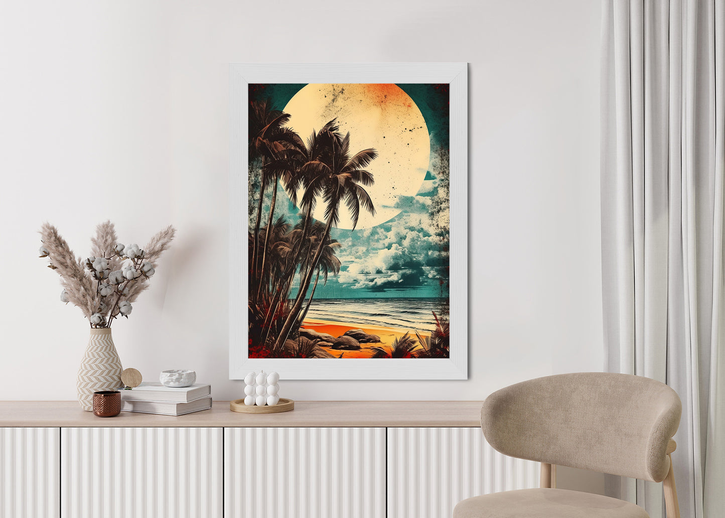 Poster Tropischer Strand Mit Sonne Und Vintage-Palmen Rahmen Holz Mit Passepartout Farbe Natürlich