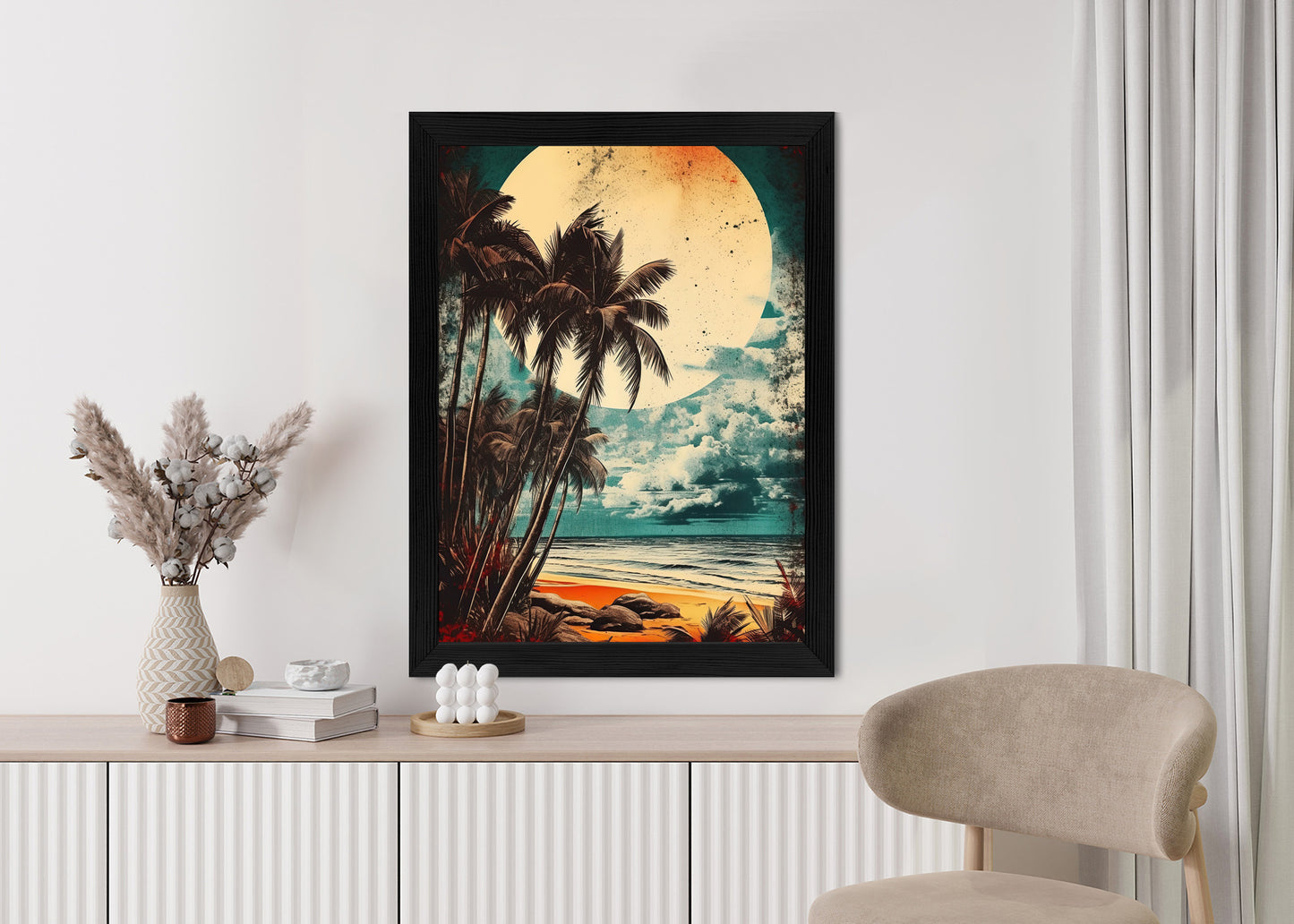 Poster Tropischer Strand Mit Sonne Und Vintage-Palmen Rahmen Holz Mit Passepartout Farbe Natürlich