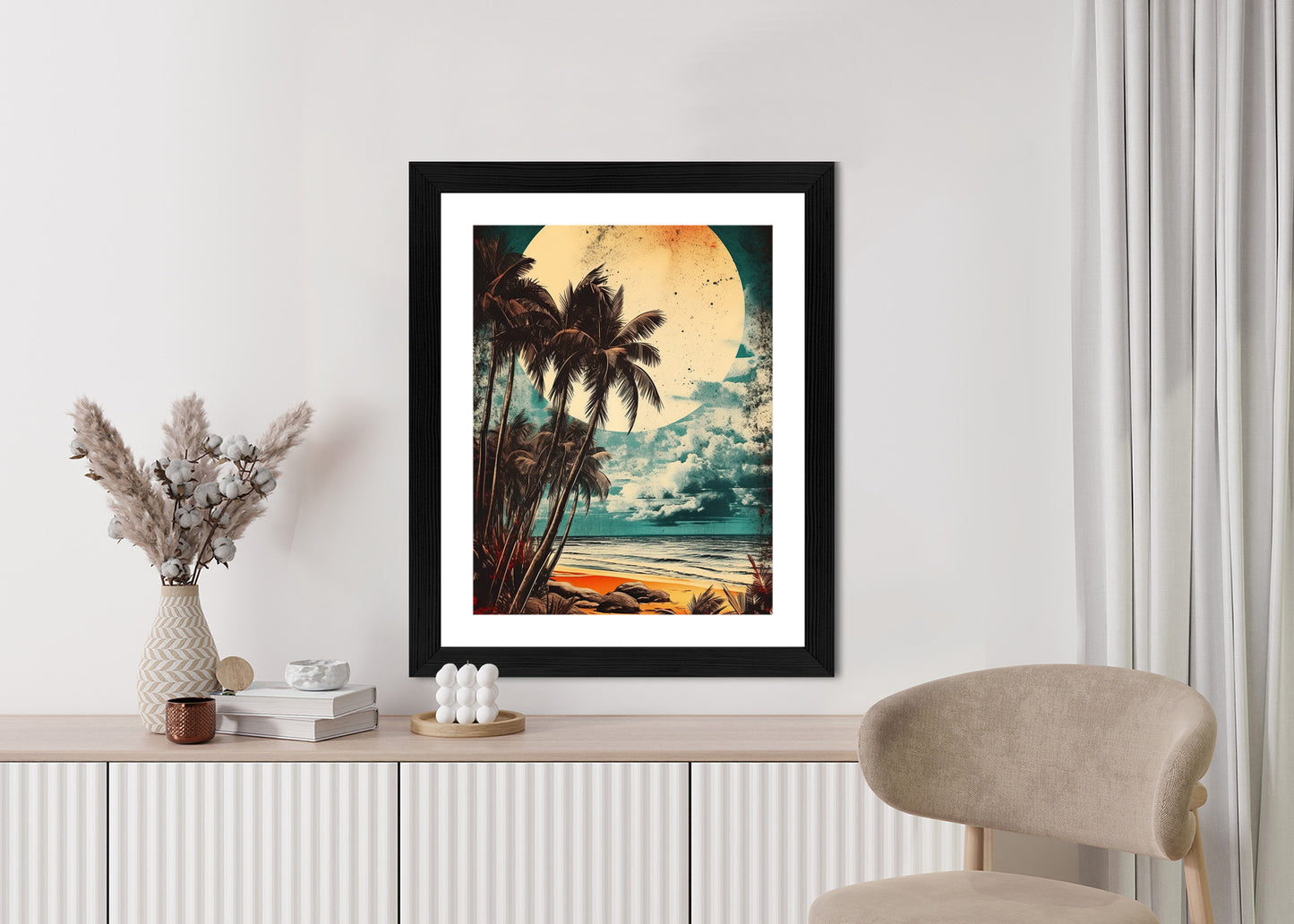 Poster Tropischer Strand Mit Sonne Und Vintage-Palmen Rahmen Holz Mit Passepartout Farbe Natürlich