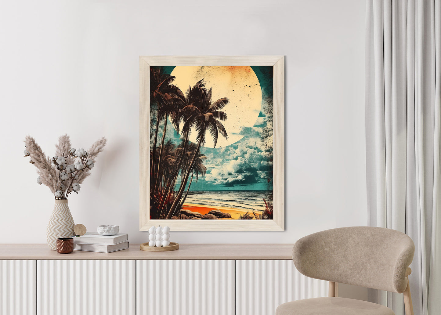 Poster Tropischer Strand Mit Sonne Und Vintage-Palmen Rahmen Holz Mit Passepartout Farbe Natürlich