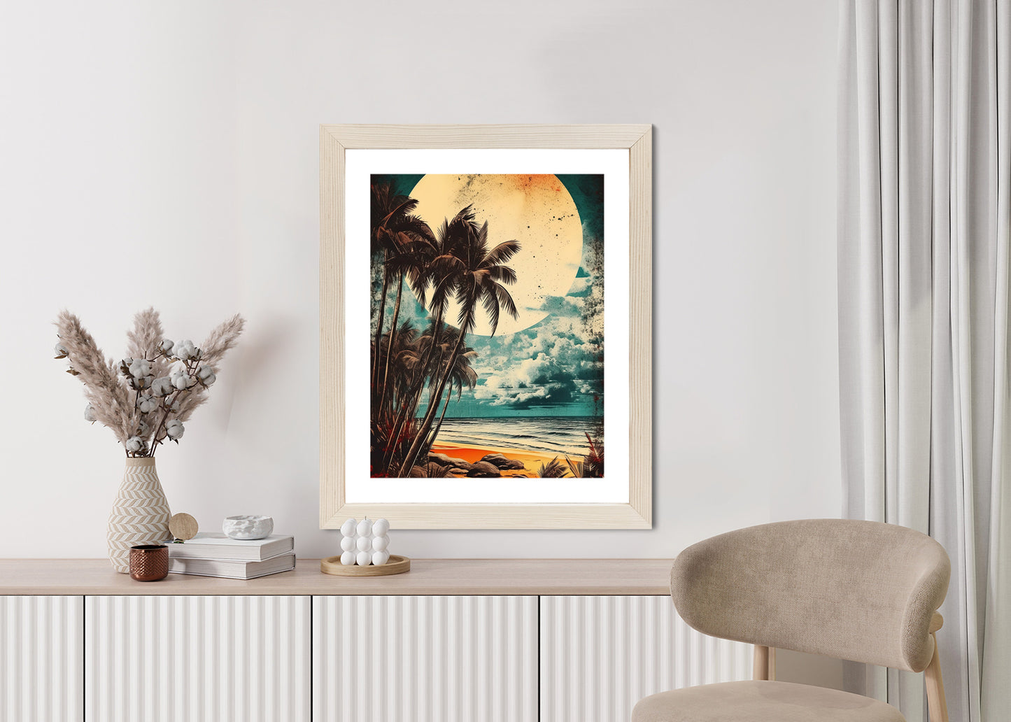 Poster Tropischer Strand Mit Sonne Und Vintage-Palmen Rahmen Holz Mit Passepartout Farbe Natürlich
