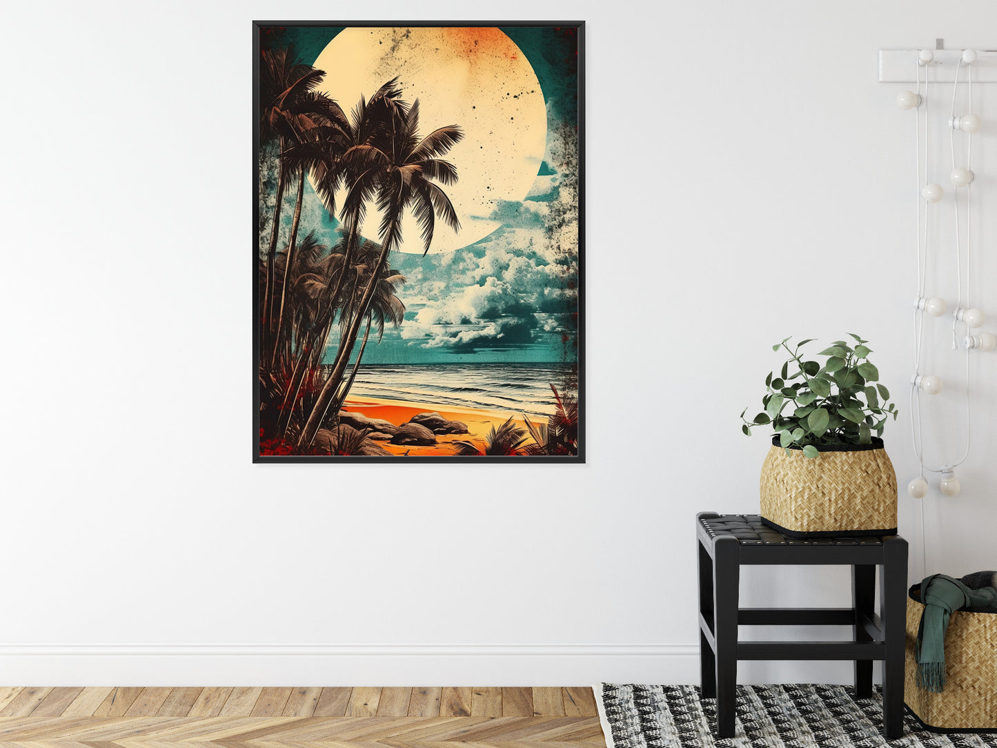 Poster Tropischer Strand Mit Sonne Und Vintage-Palmen Rahmen Holz Mit Passepartout Farbe Natürlich