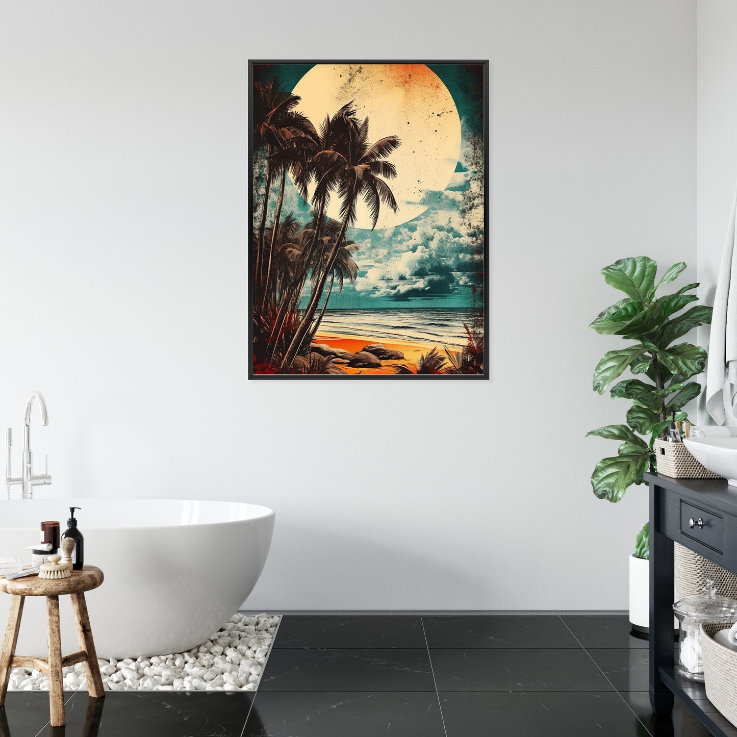 Poster Tropischer Strand Mit Sonne Und Vintage-Palmen Rahmen Holz Mit Passepartout Farbe Natürlich