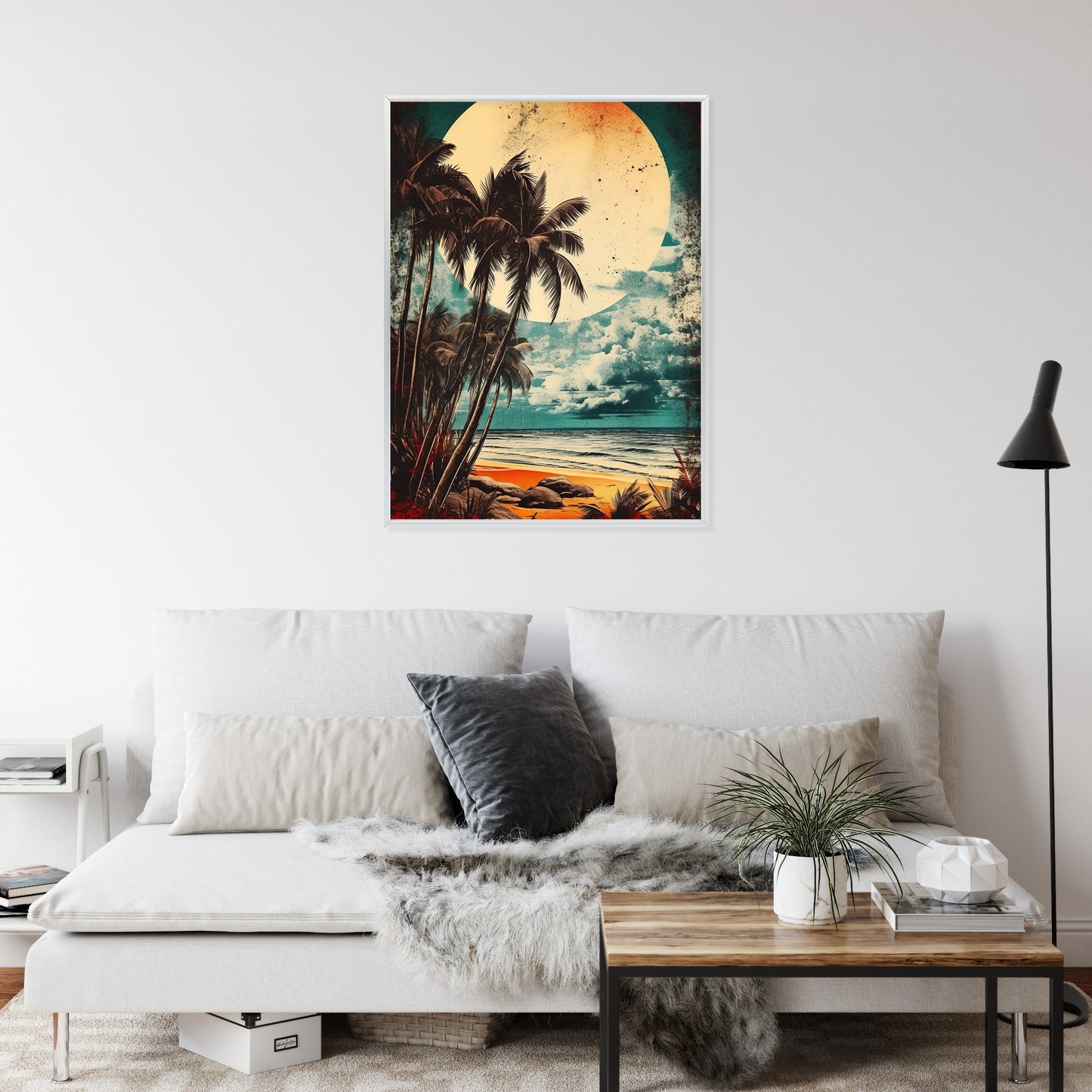 Poster Tropischer Strand Mit Sonne Und Vintage-Palmen Rahmen Holz Mit Passepartout Farbe Natürlich