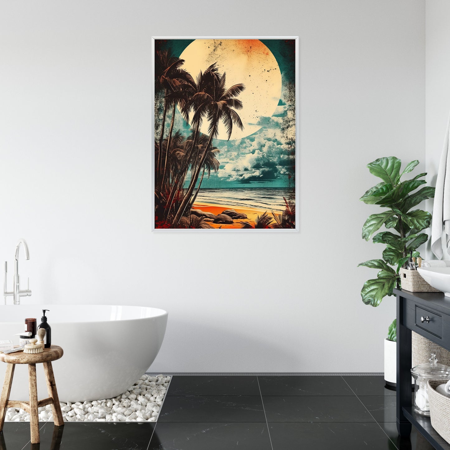 Poster Tropischer Strand Mit Sonne Und Vintage-Palmen Rahmen Holz Mit Passepartout Farbe Natürlich